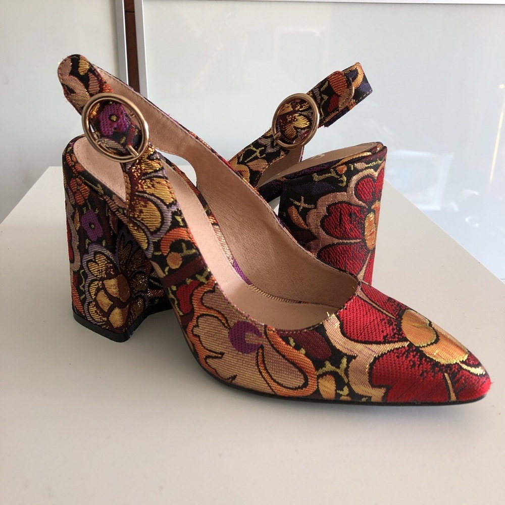 Shelly’s London brocade kitten heels slingbacks